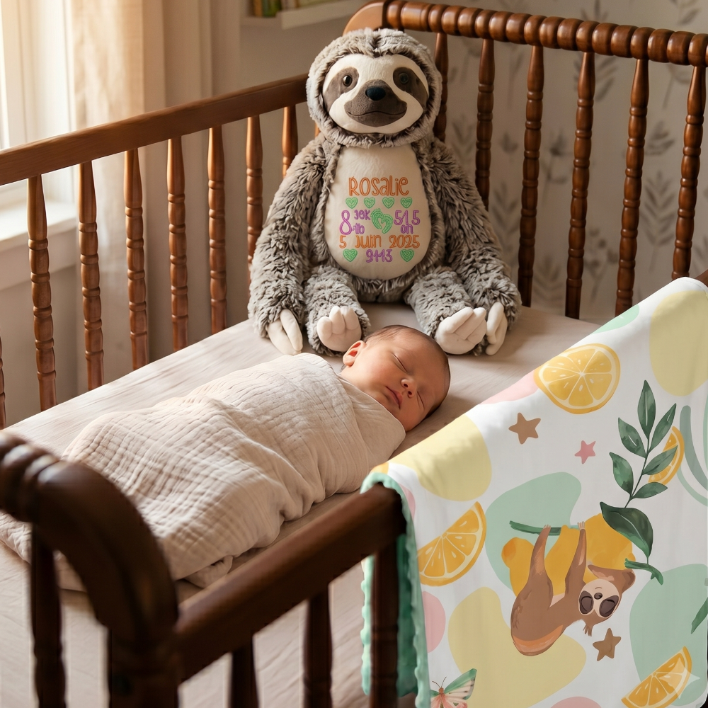 Baby sleeping in a crib with a sloth plush toy and sloth-themed blanket.