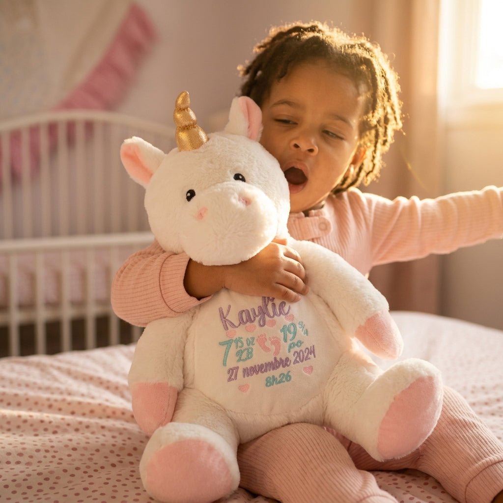 toutou licorne avec infos de naissance quebec